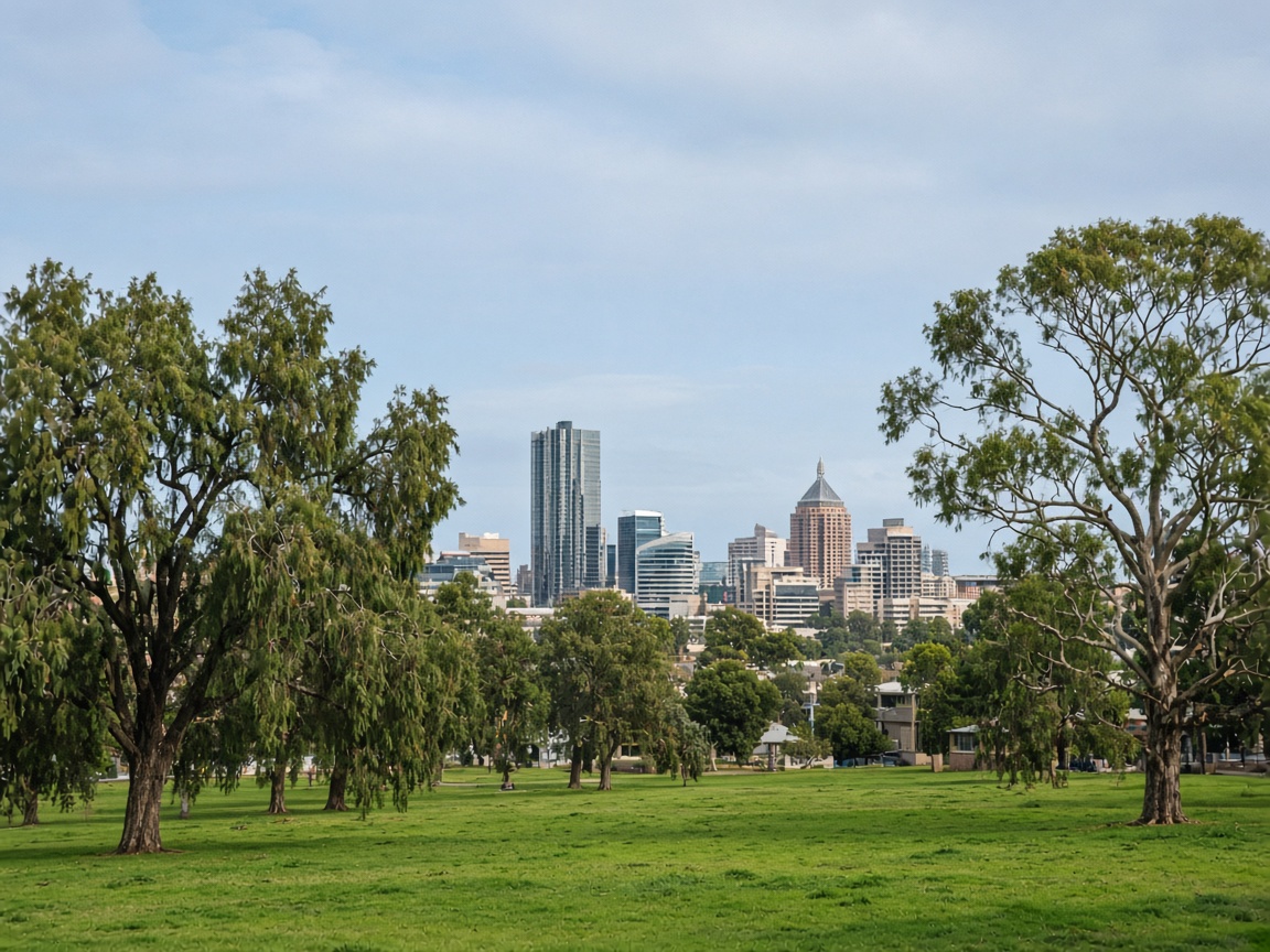Adelaide skyline and transport infrastructure, editorial illustration