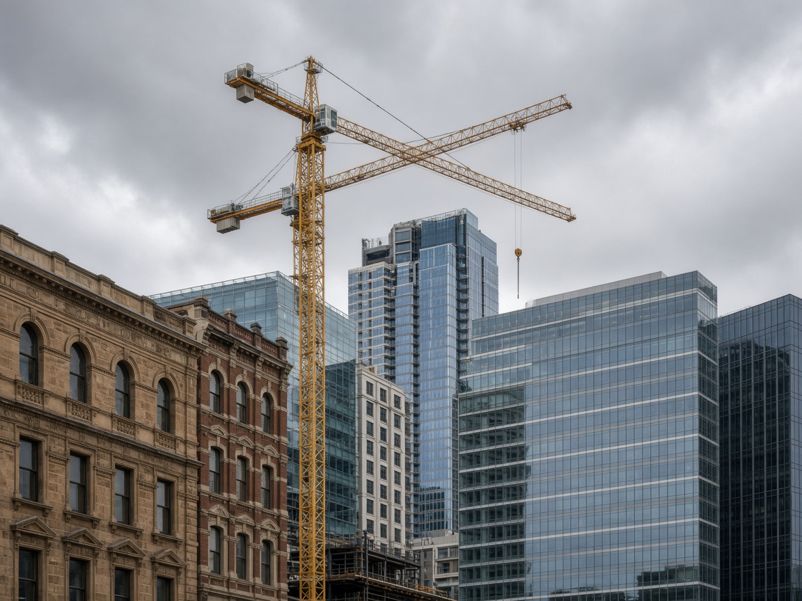 Adelaide towers and construction cranes, editorial illustration